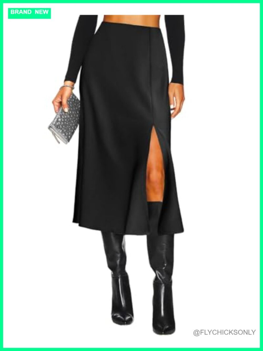 High Waisted Satin Midi Skirt Side Slit A-Line Silk Long Skirt
